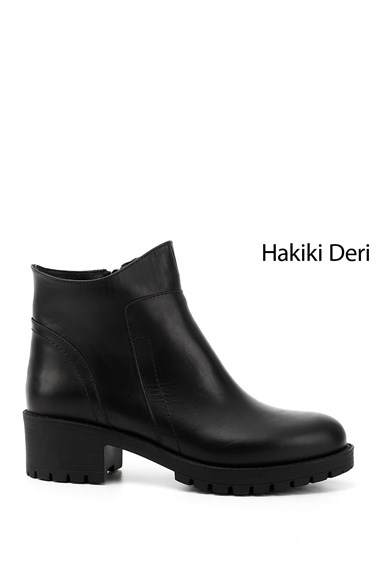 Kadın Siyah Fermuarlı Kalın Topuklu Hakiki Deri Bot