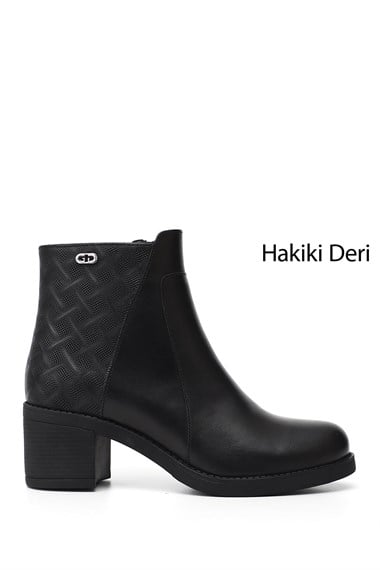 Kadın Siyah Fermuarlı Kalın Topuklu Hakiki Deri Bot