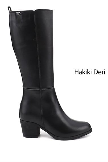 Kadın Siyah Fermuarlı Kalın Topuklu Hakiki Deri Çizme