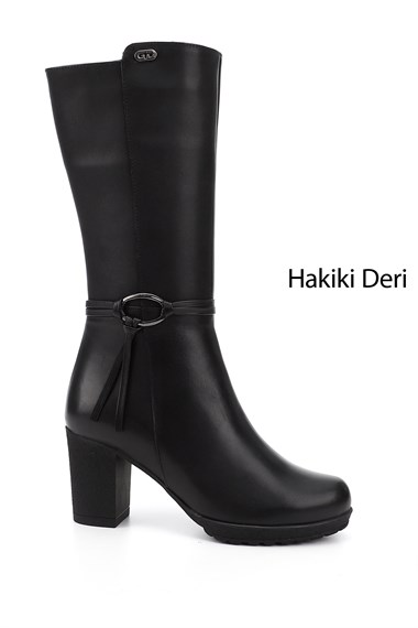 Kadın Siyah Fermuarlı Kalın Topuklu Hakiki Deri Çizme