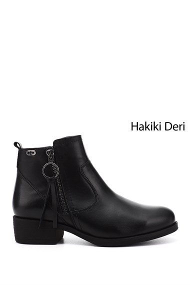 Womens Black Zippered Thick Heel Genuine Leather Boots