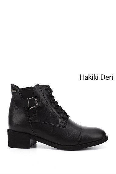 Kadın Siyah Fermuarlı Kalın Topuklu Hakiki Deri Postal Bot