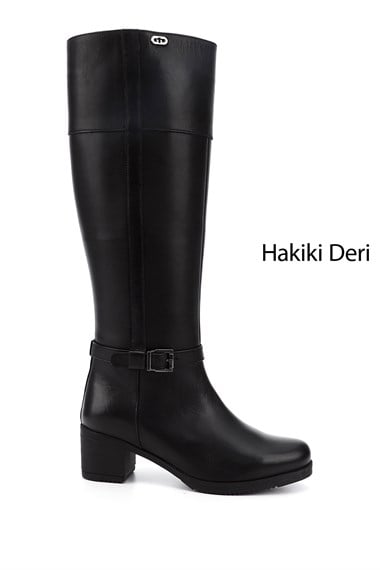 Kadın Siyah Fermuarlı Kalın Topuklu Hakiki Deri Çizme