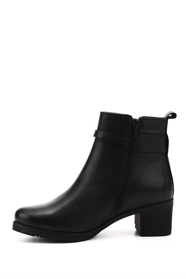 Kadın Siyah Fermuarlı Kalın Topuklu Hakiki Deri Bot