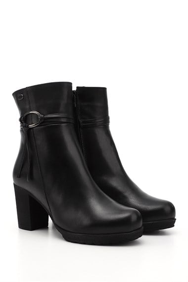 Womens Black Zippered Thick Heel Genuine Leather Boots