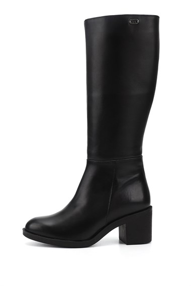 Kadın Siyah Fermuarlı Kalın Topuklu Hakiki Deri Çizme