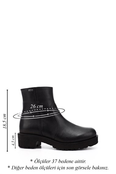 Womens Black Zippered Thick Heel Genuine Leather Boots