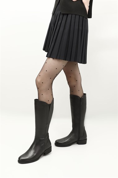 Womens Black Zippered Thick Heel Genuine Leather Boots