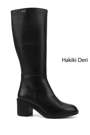 Kadın Siyah Fermuarlı Kalın Topuklu Hakiki Deri Çizme