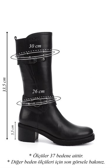 Kadın Siyah Fermuarlı Kalın Topuklu Hakiki Deri Çizme