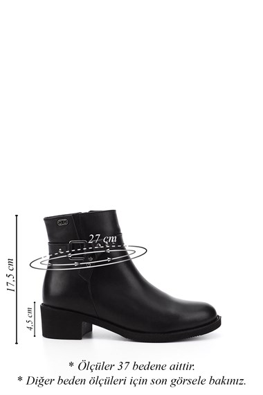 Womens Black Zippered Thick Heel Genuine Leather Boots