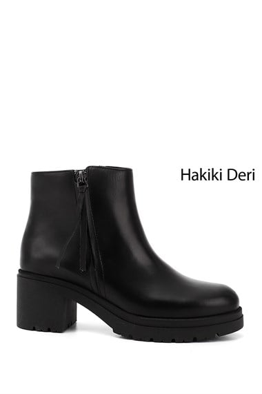 Kadın Siyah Fermuarlı Kalın Topuklu Hakiki Deri Bot