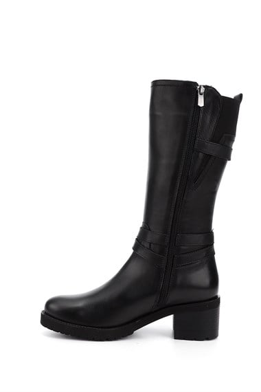 Kadın Siyah Fermuarlı Kalın Topuklu Hakiki Deri Çizme