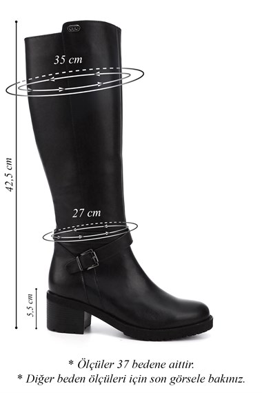 Womens Black Zippered Thick Heel Genuine Leather Boots