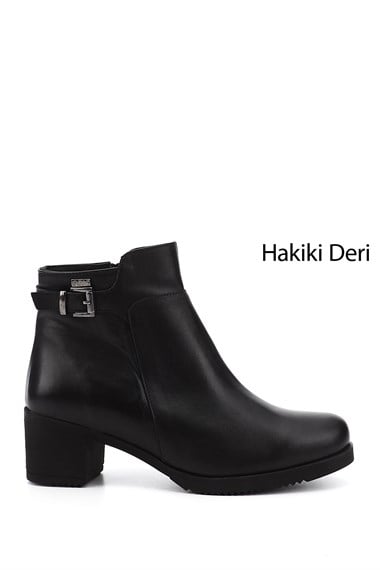 Kadın Siyah Fermuarlı Kalın Topuklu Hakiki Deri Bot