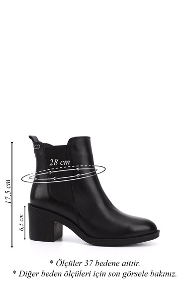 Womens Black Zippered Thick Heeled Genuine Leather Boots