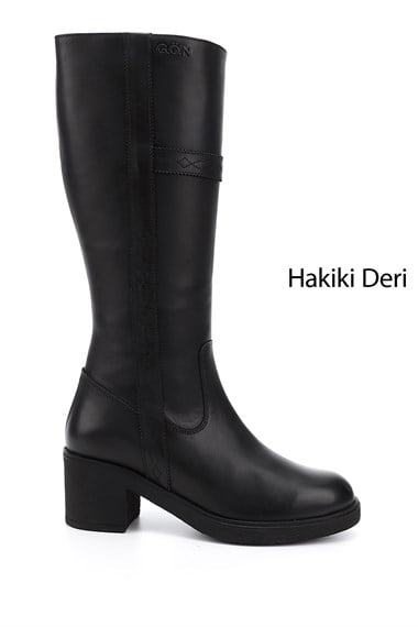 Womens Black Zippered Thick Heel Genuine Leather Boots