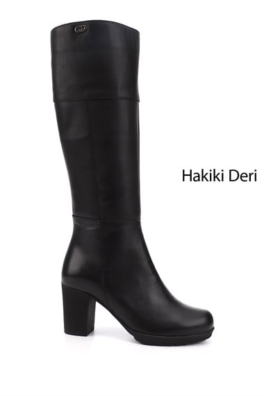 Womens Black Zippered Thick Heel Genuine Leather Boots