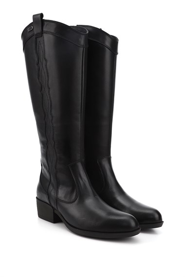 Womens Black Zippered Thick Heel Genuine Leather Cowboy Boots
