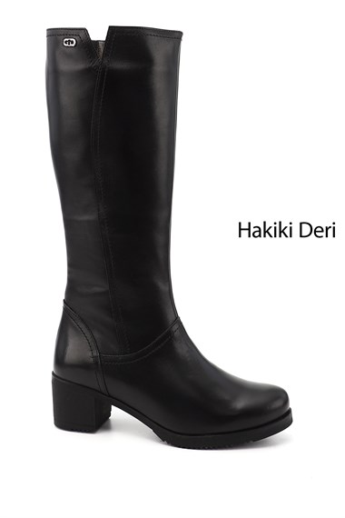 Kadın Siyah Fermuarlı Kalın Topuklu Hakiki Deri Çizme