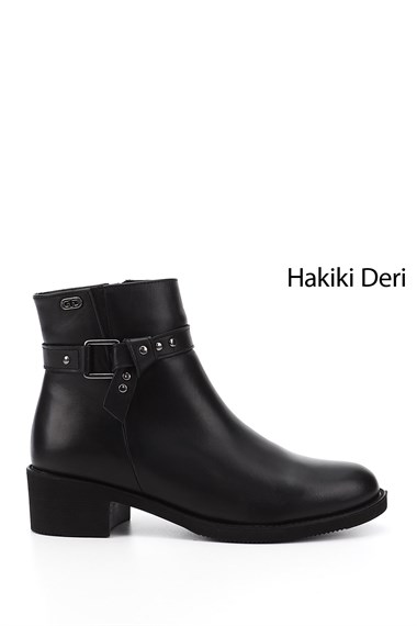 Kadın Siyah Fermuarlı Kalın Topuklu Hakiki Deri Bot