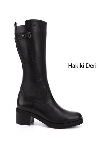 Womens Black Zippered Thick Heel Genuine Leather Boots