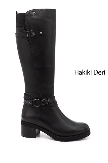 Kadın Siyah Fermuarlı Kalın Topuklu Hakiki Deri Çizme
