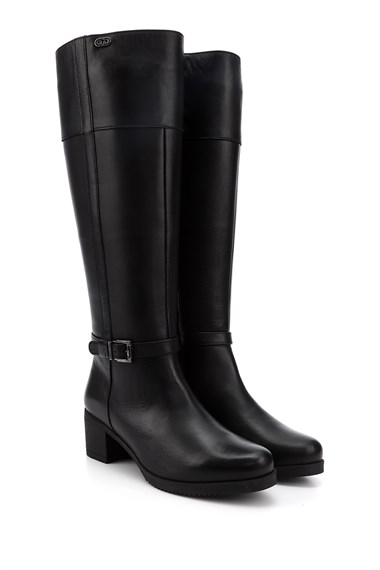 Kadın Siyah Fermuarlı Kalın Topuklu Hakiki Deri Çizme