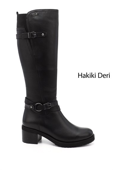 Womens Black Zippered Thick Heel Genuine Leather Boots