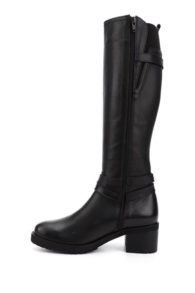 Womens Black Zippered Thick Heel Genuine Leather Boots