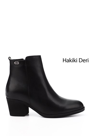 Kadın Siyah Fermuarlı Kalın Topuklu Hakiki Deri Bot