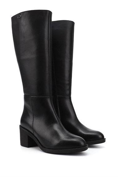 Kadın Siyah Fermuarlı Kalın Topuklu Hakiki Deri Çizme