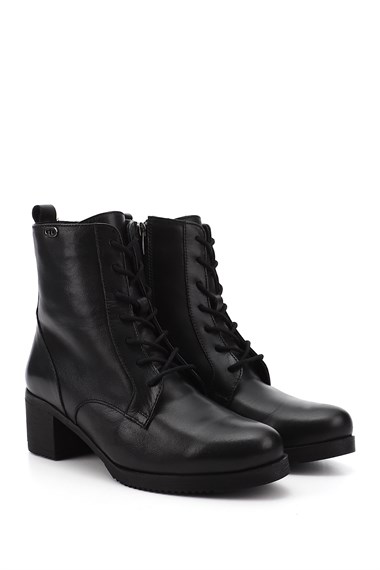Womens Black Zippered Thick Heel Genuine Leather Combat Boots