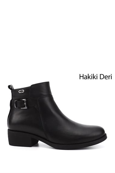 Kadın Siyah Fermuarlı Kalın Topuklu Hakiki Deri Bot