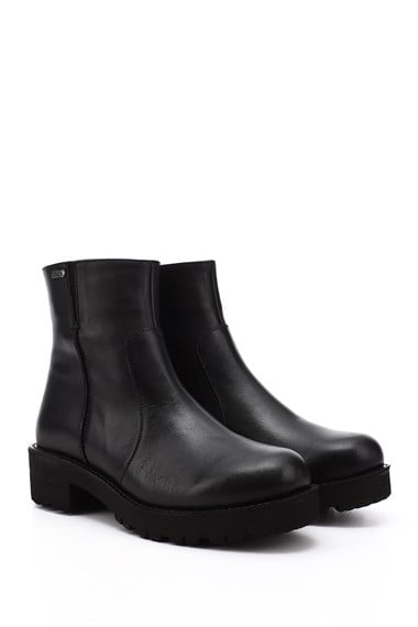 Womens Black Zippered Thick Heel Genuine Leather Boots