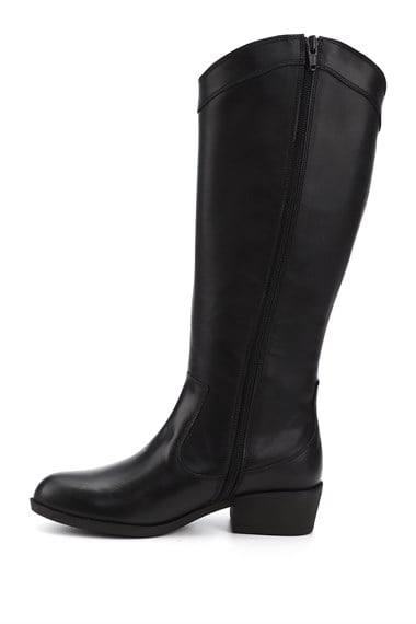 Kadın Siyah Fermuarlı Kalın Topuklu Hakiki Deri Kovboy Çizme