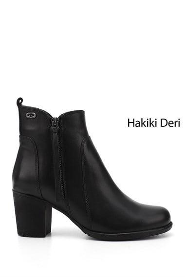 Womens Black Zippered Thick Heel Genuine Leather Boots
