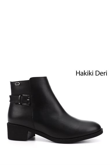Womens Black Zippered Thick Heel Genuine Leather Boots