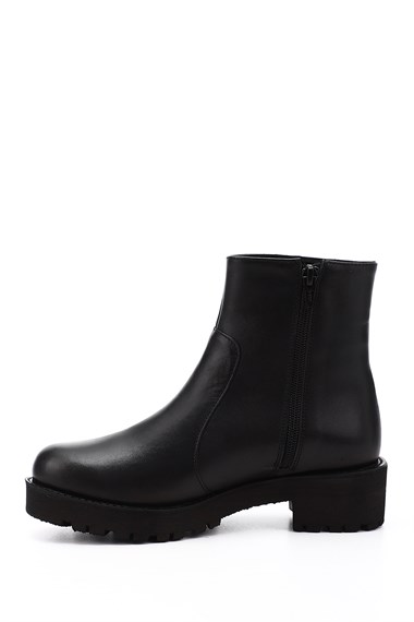 Womens Black Zippered Thick Heel Genuine Leather Boots