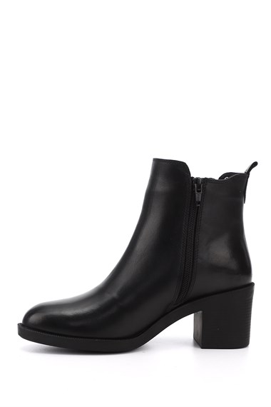 Womens Black Zippered Thick Heeled Genuine Leather Boots