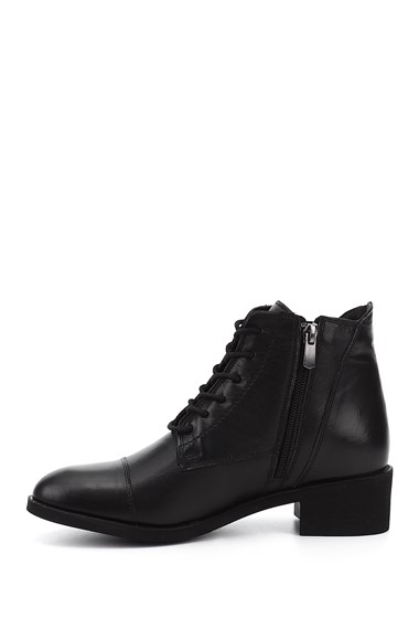 Womens Black Zippered Thick Heel Genuine Leather Combat Boots