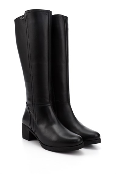 Womens Black Zippered Thick Heel Genuine Leather Boots