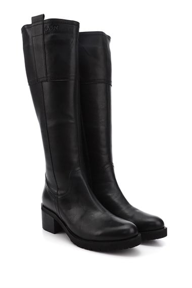 Kadın Siyah Fermuarlı Kalın Topuklu Hakiki Deri Çizme