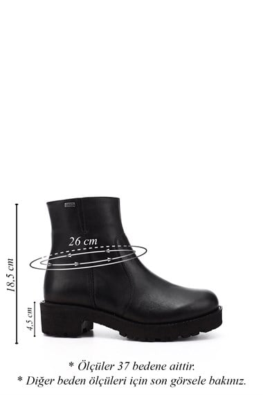 Womens Black Zippered Thick Heel Genuine Leather Boots