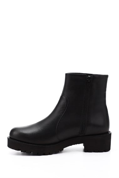 Womens Black Zippered Thick Heel Genuine Leather Boots
