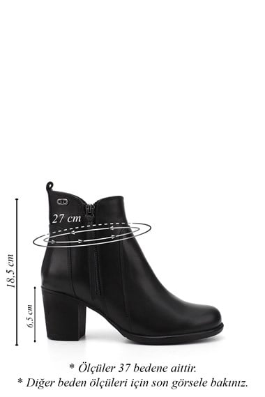Womens Black Zippered Thick Heel Genuine Leather Boots