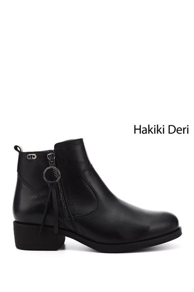 Kadın Siyah Fermuarlı Kalın Topuklu Hakiki Deri Bot