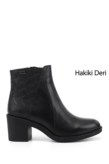 Kadın Siyah Fermuarlı Kalın Topuklu Hakiki Deri Bot