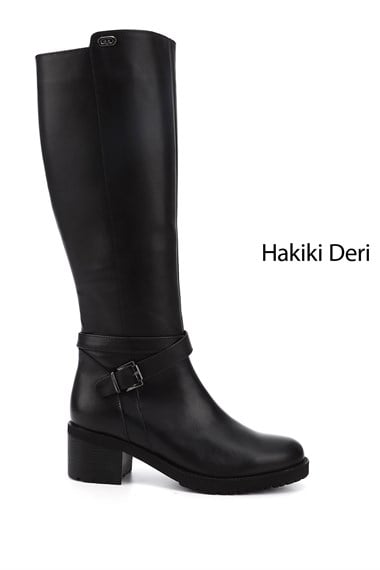 Womens Black Zippered Thick Heel Genuine Leather Boots