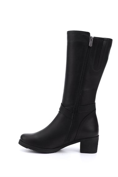 Womens Black Zippered Thick Heel Genuine Leather Boots